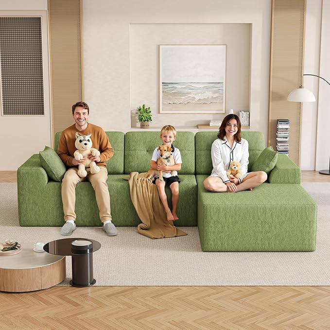 Ball & Cast 106" Modular Sectional Sofa, Convertible Cloud Couch with Deep Seat, Boneless L-Shaped Sectional, Flexible Modular Combination for Living Room, No Assembly (Green, Right Facing Chaise)