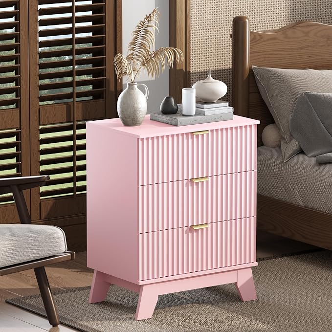 Wodeer Pink Night Stand with 3 Drawers, Bedside Table & End Table, 24" Wide Mid Century Modern Fluted Wood Nightstand with Metal Handles, Farmhouse Night Stands for Bedroom by WODEER
