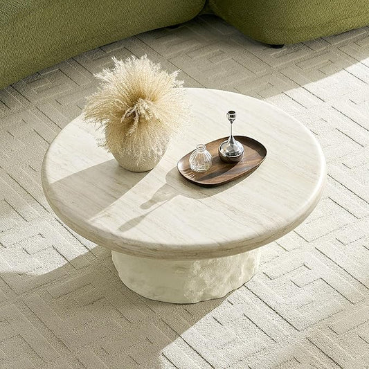 Round Coffee Table, 35.04" Fiberglass Imitation Stone Table Cement Rock Center Table for Living Room Apartment Office, No Need Assembly