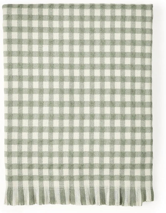 CREVENT Farmhouse Boho Knitted Throw Blanket for Couch Sofa Chair Bed Home Decoration, Soft Warm Cozy Light Weight for Spring Summer Fall (50''X60'' Plaid Green)