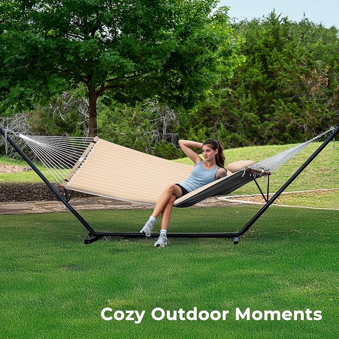 SUPERJARE Hammock with Stand, 2 Person Quilted Outdoor Hammock, Detachable Pillow & Bamboo Spreaders, Portable Hammock with Carrying Bag, Heavy Duty Stand, Perfect for Outside, Patio, Beige - Image 2