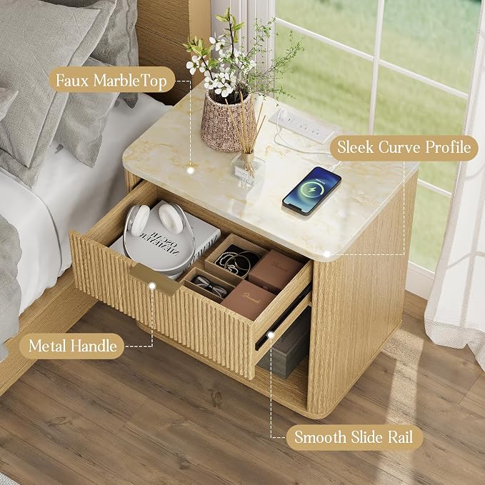 Fluted Nightstand with Drawer, Bedside Table with Faux Marble-Top, Modern Nightstand with Charging Station, Drawers and Open Shelf, Curved Corners, Modern Night Stand for Bedroom, Natural Oak - Image 6