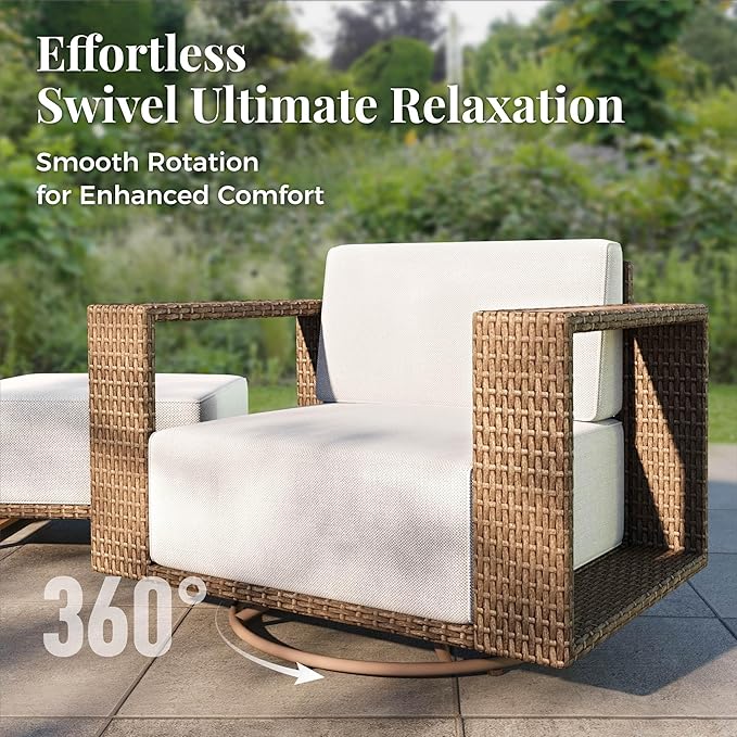 Patio Furniture Set with Swivel Chairs, 7 Piece Outdoor Wicker Sofa Patio Couch Set, Yellow Rattan Deep Seating Conversation Sets with 10" Thick Cushions for Deck Lawn Garden