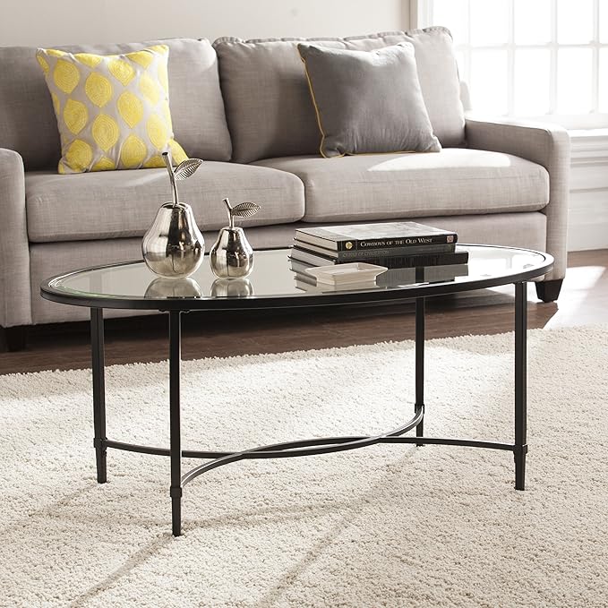 SEI Furniture Quinton Metal/Glass Oval Cocktail Table - Black, 45 in x 25 in x 19 in