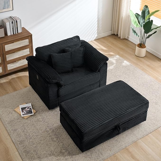 KEIKI 47.24 inch Corduroy Sofa, Wide Corduroy Armchair with Storage Feet and 2 Throw Pillows, Sleeper Couch for Living Room, Apartment, Salon, Home Theater, Black