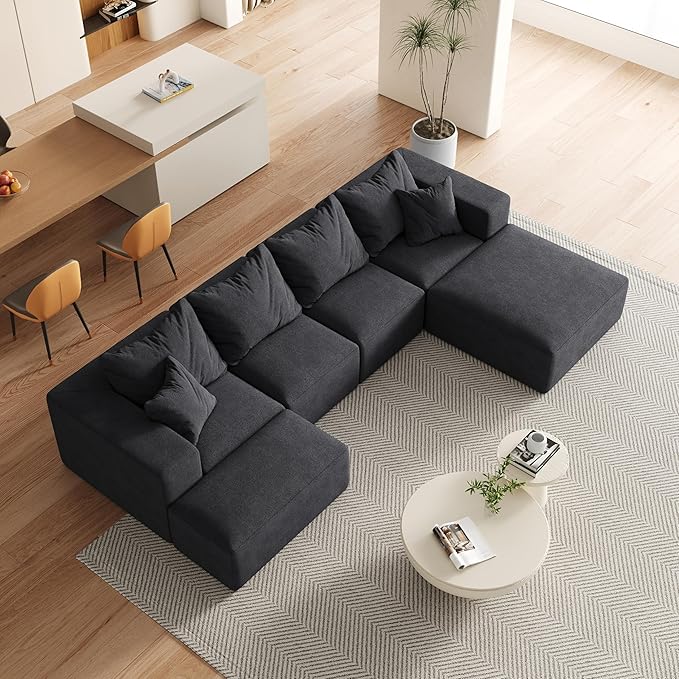 KEIKI 132" Boneless Sofa with Ottoman, L Shaped Corner Couch, Upholstered Corduroy Free Combination Sectional Couch for Living Room, Bedroom, Black