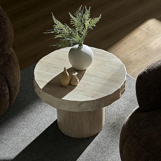 23.82" Round Side Table Small Coffee Table Faux Marble Pattern End Table Cement Stone Sofa Side Table for Living Room Apartment No Assembly