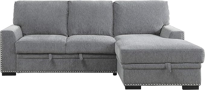 Lexicon Mid Century Modern Sectional Sleeper Sofa Bed Couch with Storage Chaise, Sectional Sofa Pull Out Couch Bed, Sectional Couch Lounge Sofa for Living Room Apartment, Right Side Chaise, Gray