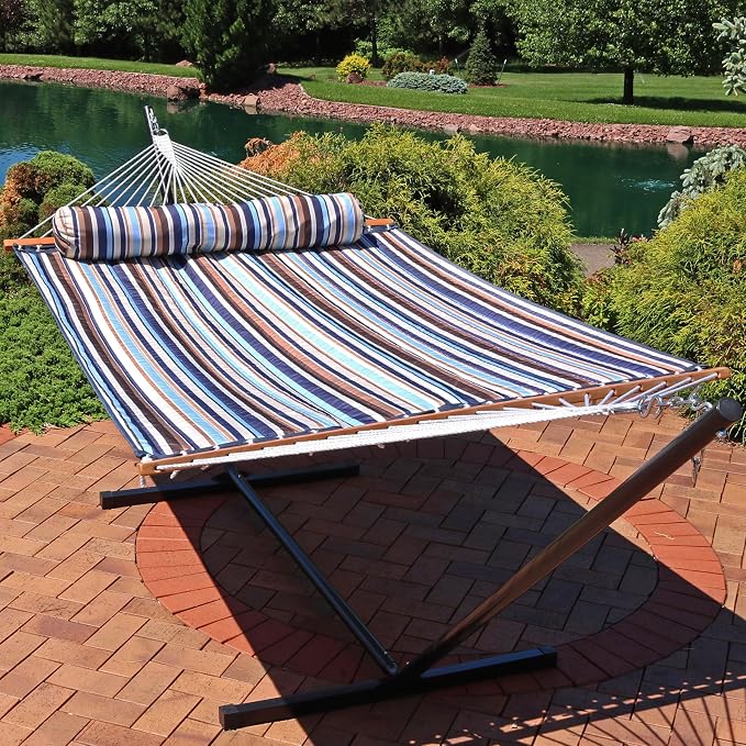 Sunnydaze Quilted Double Hammock for Outside with Spreader Bars and Pillow - 450 lb Capacity, 74x55 Inch Bed, UV Resistant, Quick Dry - Chains Included, Stand Sold Separately - Ocean Isle - Image 2