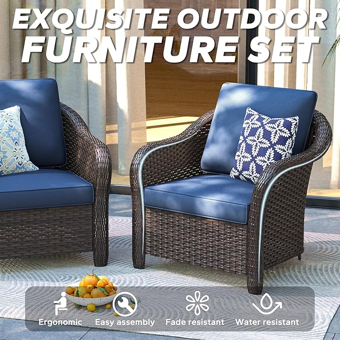 5 PCS Outdoor Conversation Set | 78" Couch, 2 Chairs, 2 Ottomans, Patio Wicker Conversation Furniture with Removable Cushions for Bistro, Deck, Sunroom (Navy Blue)