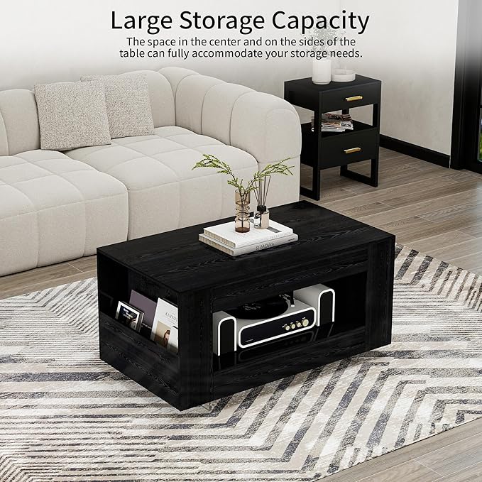 39" Wood Coffee Table for Living Room, Sides Storage with Transparent Legs, Minimalist Modern 2-Tier Storage Shelf Center Table for Home Office, Apartment, Black