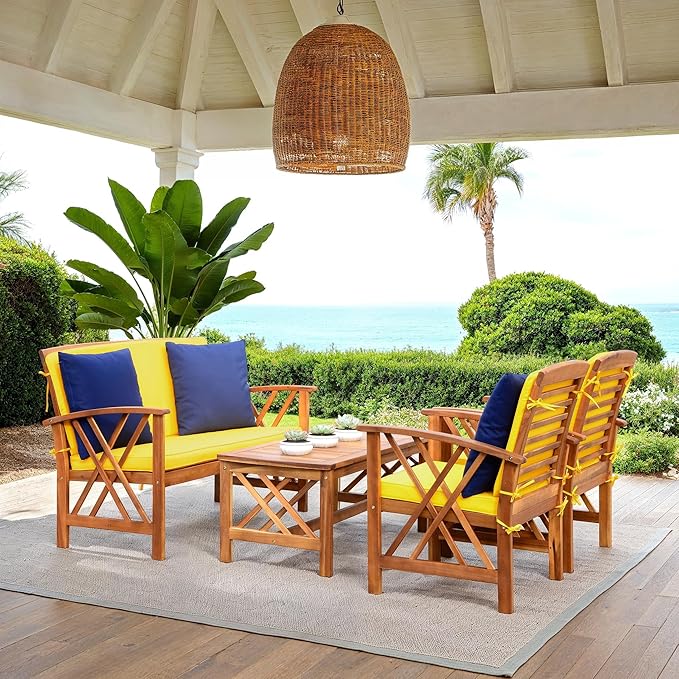 SAFAVIEH Outdoor Collection Fontana Natural/ Yellow Cushions/ Navy Pillows 4-Piece Conversation Patio Set