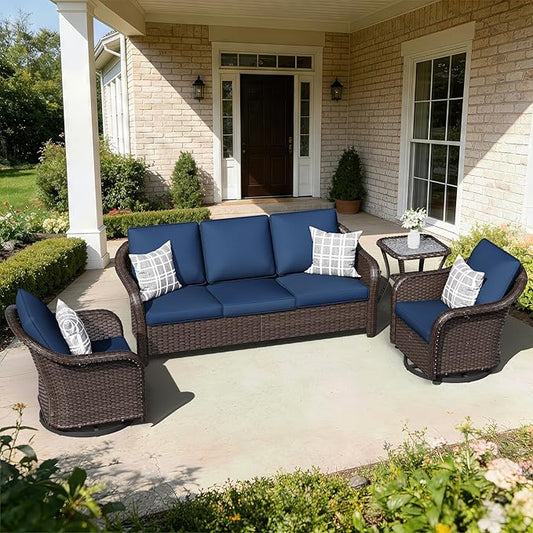 4 PCS Patio Conversation Set | 78" Couch, 2 Swivel Chairs, 1 Side Table， Outdoor Wicker Conversation Furniture with Removable Cushions for Bistro, Deck, Sunroom(Navy Blue)