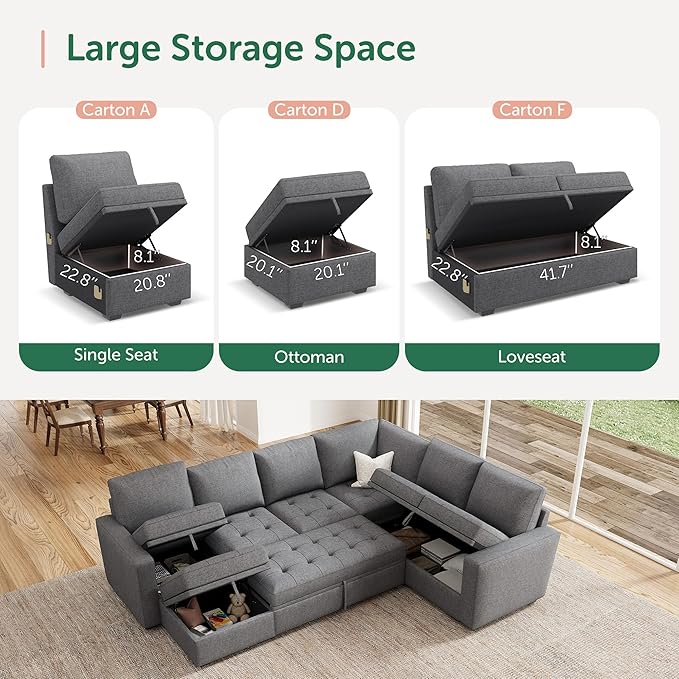 HONBAY Modular Sectional Couch with Pull Out Bed Sleeper Sofa with Storage U Shaped Modular Sectional Couches for Living Room,Mid Grey