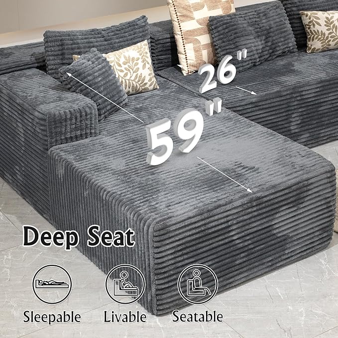Grey sectional couches for Living Room-Corduroy Couch，104" Cloud Sectional Couch with L-Shape Chaise， Modern Modular Sofa, Deep Seat Comfort, No Assembly Required(Plush Corduroy Fabric)