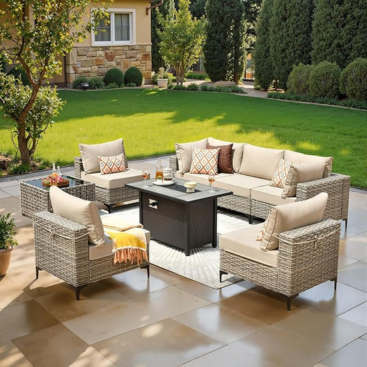 8 Pcs Patio Furniture with Fire Pit Table, Outdoor Rattan Wicker Conversation Set with Glowing Coffee Table, Comfy Sectional Sofa for Porch Balcony Backyard Pool, Beige