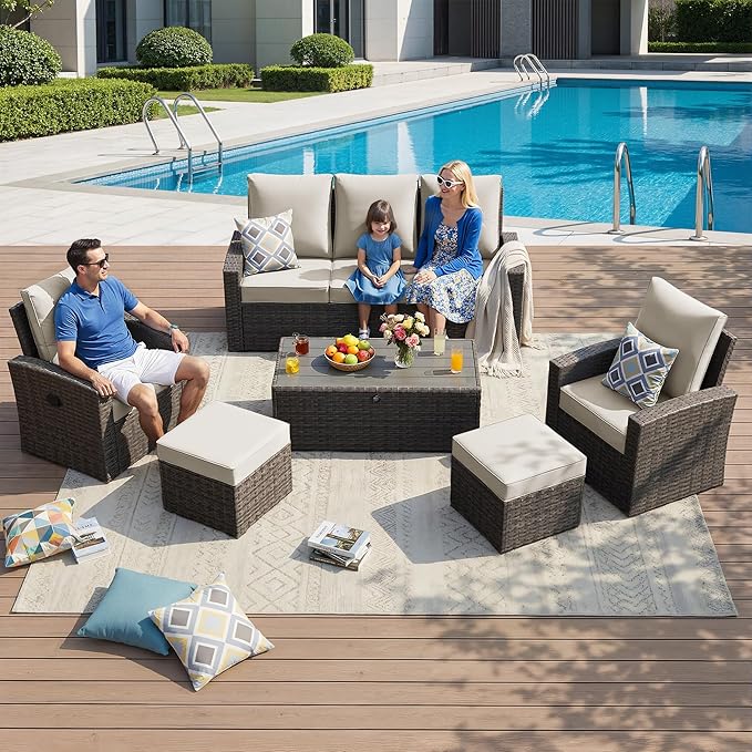 Outdoor Patio Furniture Set, 6 Piece Outdoor Wicker Rattan Sectional Sofa Conversation Sets with Adjustable Recliner Chairs, and Storage Coffee Table for Garden Porch Deck,White