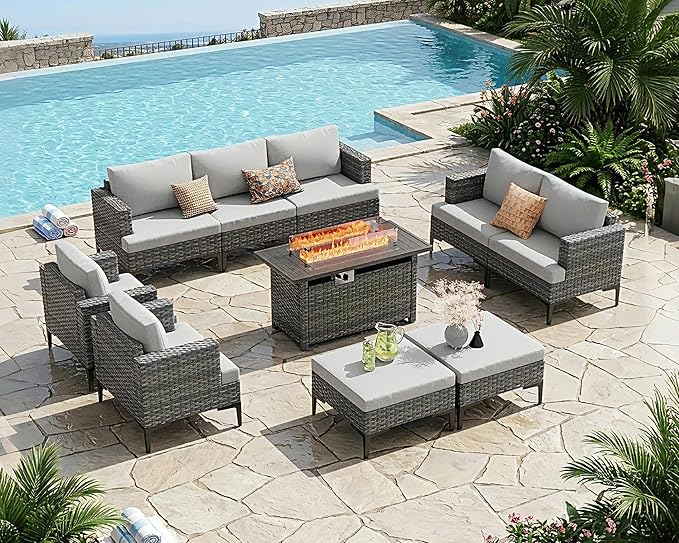 10 Pieces Patio Sectional Furniture Set with 44" Propane Fire Pit Table, 60000BTU Wicker Outdoor Sectional Coversation Set, Thick Cushion Deep Seat, Outdoor Furniture for Porch,Backyard,Deck (Grey)