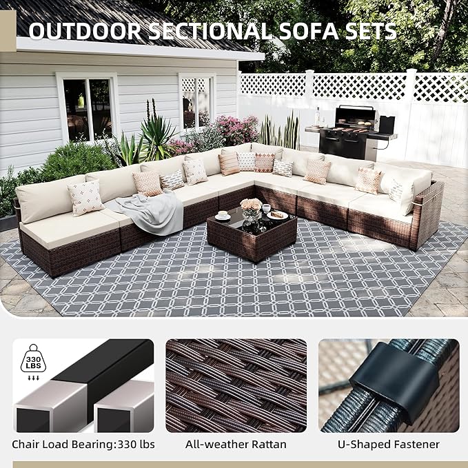 UPHA 9 Pieces Patio Furniture Sets, Wicker Outdoor Sectional Sofa Couch with Coffee Table, Patio Conversation Set for Deck Backyard Garden, Brown Rattan, White Cushion