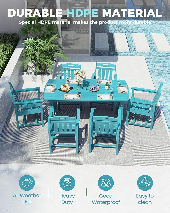 Ciokea HDPE Outdoor Dining Table with Umbrella Hole,66" Rectangle Patio Table for 6,All-Weather Outdoor Patio Furniture Set for Garden Backyard, Lake Blue - Image 2