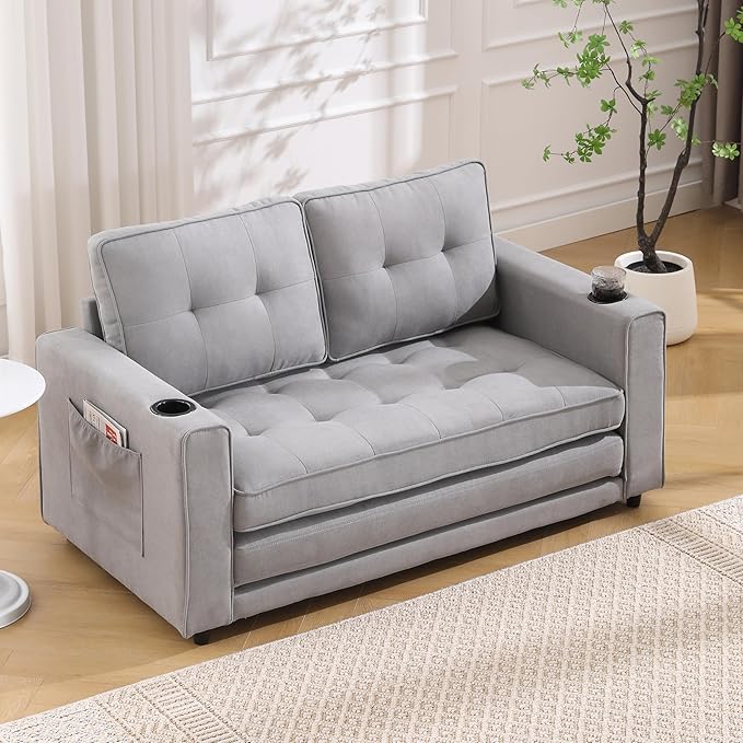 ERYE Foldable Loveseat Sofa Convertible Pull Out Sleeper Sofabed,2 Seat Tufted Upholstered Sofa Modern Convertible Sleeper Couch Bed with Cupholders and Side Pockets