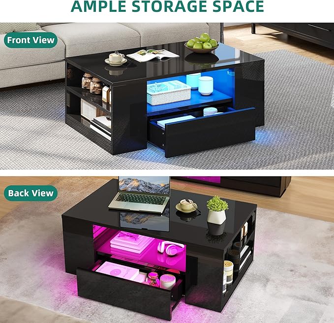YITAHOME Modern LED Coffee Tables for Living Room, High Glossy Coffee Table with Storage 2 Drawers and Open Book Shelfs, Black Minimalist Coffee Table Small Wood Center Table Home Decor, Black