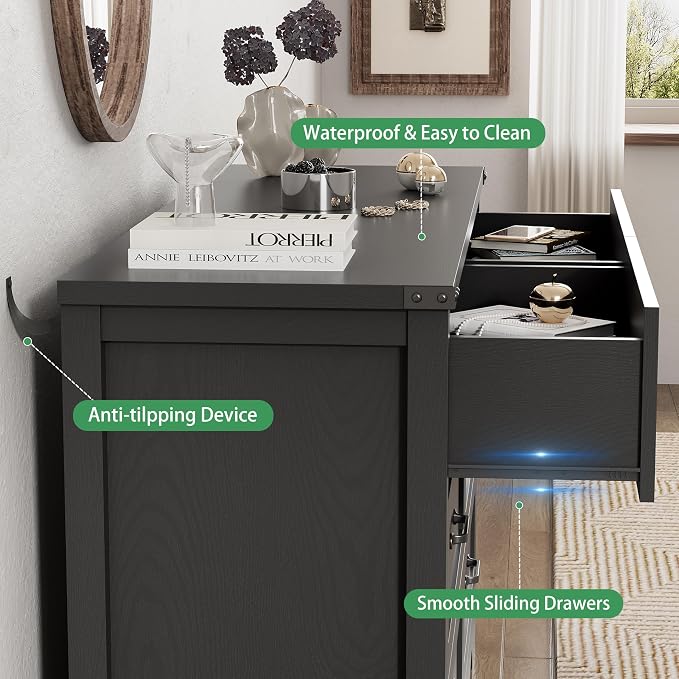 Dresser for Bedroom with 8 Drawers, 48" Wide Wood Chest of Drawers with Deep Drawers & Mental Handle, Modern Dresser TV Stand, Wooden Closet Storage Organizer for Living Room, Hallway, Entryway, Black - Image 6