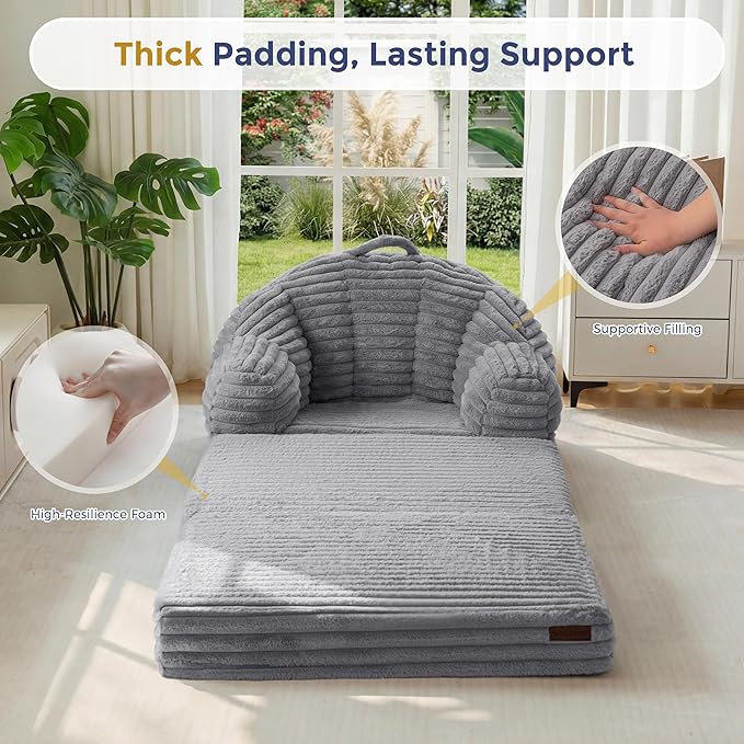 MAXYOYO Folding Sofa Bed, 2 in 1 Convertible Sofa to Lounger Comfy Faux Fur Bean Bag Chair for Adults, Floor Single Sleeper Couch Chair with Handle, Couch Bed for Living Room Bedroom, Grey