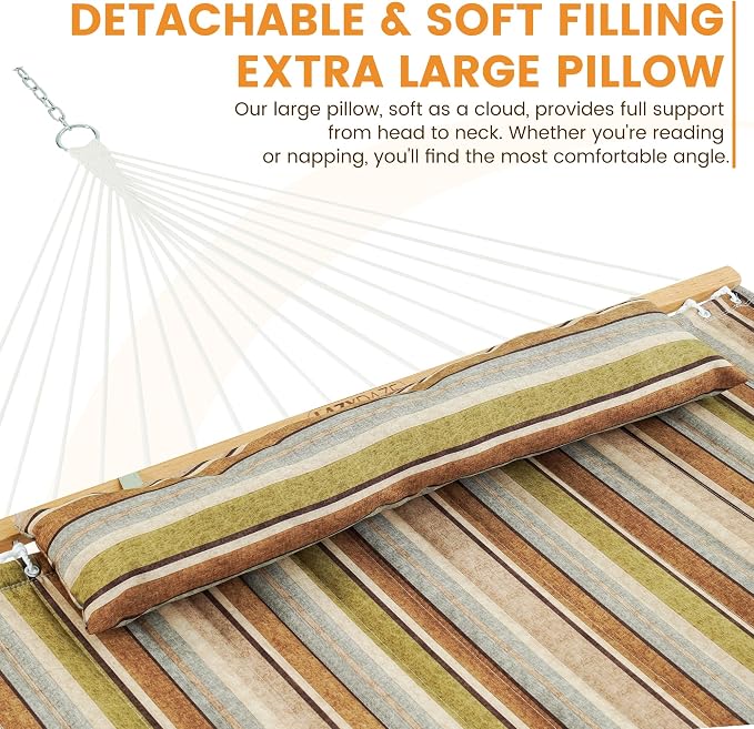 Lazy Daze Hammocks 12 FT Quilted Fabric Double Hammock with Spreader Bars and Detachable Pillow, 450lbs Weight Capacity, Brown Stripe - Image 3