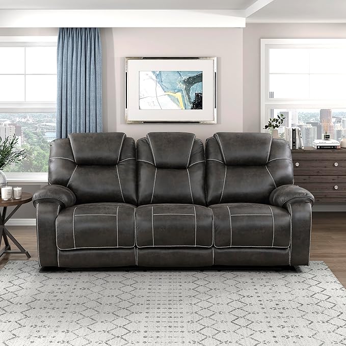 Lexicon Manual Double Reclining Sofa, Polished Microfiber Wall Hugger 3 Seater Manual Tab Pull Sofa Recliner for Living Room, Pillow Top Armrest, Padded Headrest, Easy Assembly, Chocolate