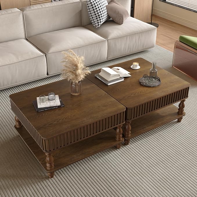 31.5" Square Lift Top Coffee Table with Storage Modern Fluted Coffee Tables with Lifting Top, Farmhouse Solid Wood Center Table with Table Legs for Living Room, Apartment or Office (Walnut)