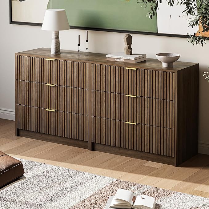 MAISONARIA Walnut 3-Piece Living Room Sets, 5 Drawers Dresser & 2 Drawer Nightstands with Hidden Handles, Wood Chest of Drawers for Living Room, Entryway