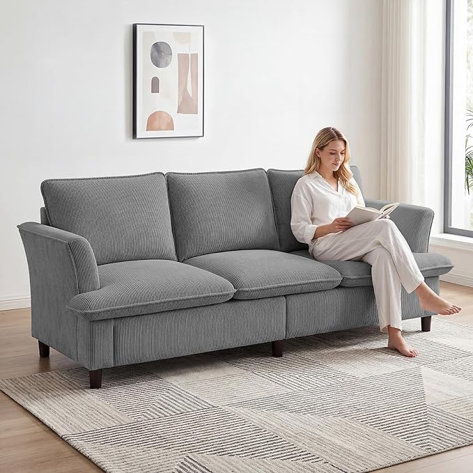 3 Seater Corduroy Couch, 89" Comfy Couch with Deep Seat, Modern Sofa Couch for Living Room, Office, Bedroom, Apartment (Pillows not Included) | Breathable material, Pet - friendly, Strong support
