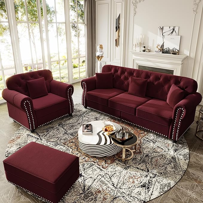 KEIKI 2-Piece Chesterfield Sofa Set with 1 Velvet 3-Seater Sofa & 1 Single Sofa, Upholstered 4-Seater Couch Set with Nailhead Trim & Rolled Arms & 1 Ottoman & 4 Pillow, for Living Room, Burgundy