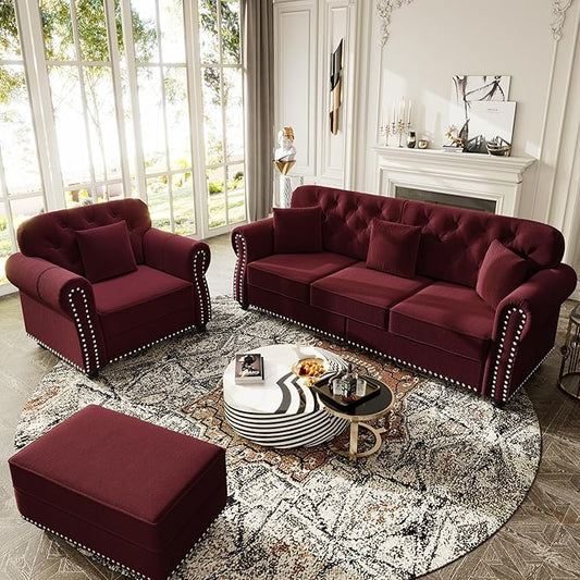 KEIKI 2-Piece Chesterfield Sofa Set with 1 Velvet 3-Seater Sofa & 1 Single Sofa, Upholstered 4-Seater Couch Set with Nailhead Trim & Rolled Arms & 1 Ottoman & 4 Pillow, for Living Room, Burgundy