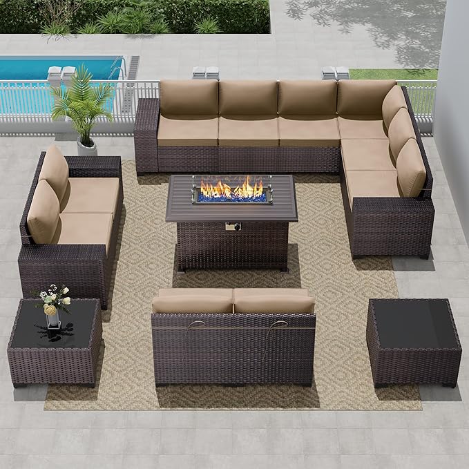 13 PCS Outdoor Patio Furniture Set,Outdoor Sectional Furniture with 43" 55000 BTU Gas Propane Fire Pit Table,All Weather PE Rattan Wicker Patio Conversation Set,Sand