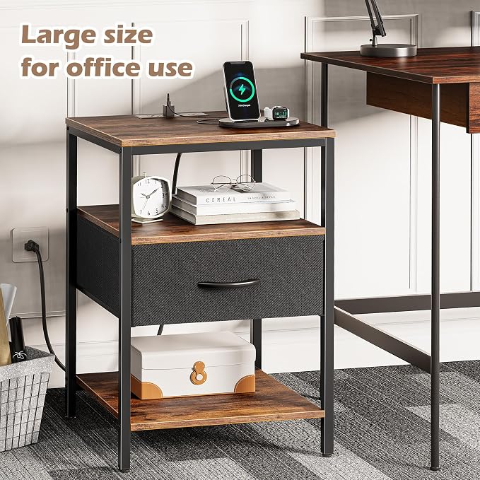 SUPERJARE Night Stand with Charger Station, 27.7 Inch Tall Nightstand with Adjustable Fabric Drawer, Bed Side Table, Fabric Drawer Dresser for Bedroom, Living Room, Rustic Brown and Black - Image 4