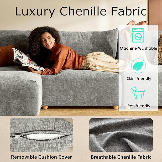 LINSY HOME Cloud Couch Sectional, Modular Sofa Sectionals for Living Room Bedroom, 91" L Shape Love Seat Couch with Ottoman, 2 Seater Deep Seat Cozy Couch Luxury Chenille Sofas, Grey