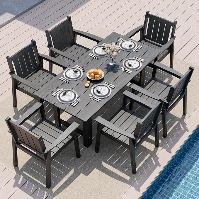 Pamapic 7 PCS Outdoor Dining Set, Spacious HDPE Outdoor Table and Chairs, Wood Grain Patio Furniture Sets with Elegant Armrest, All-Weather Outdoor Furniture with Umbrella Hole, Gray by Pamapic