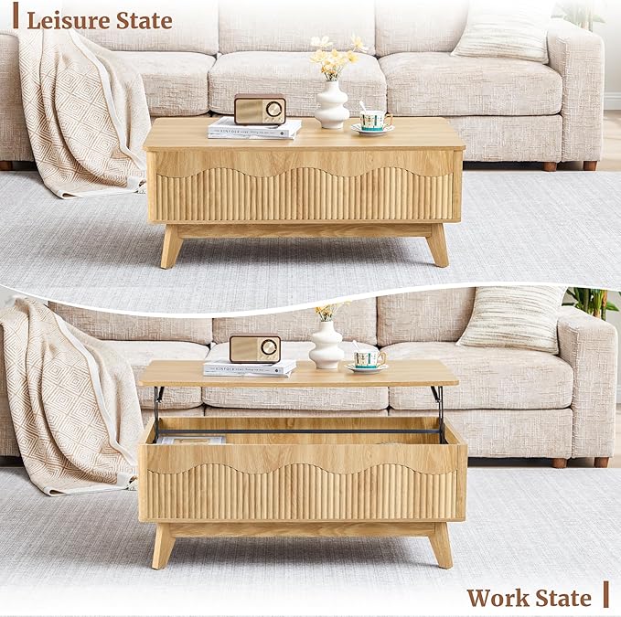 BERRYMERRY Lift Top Coffee Table with Hidden Storage, Farmhouse Fluted Coffee Table with Wave Profile, Rising Top Rectangular Center Table for Living Room (Natural Oak)