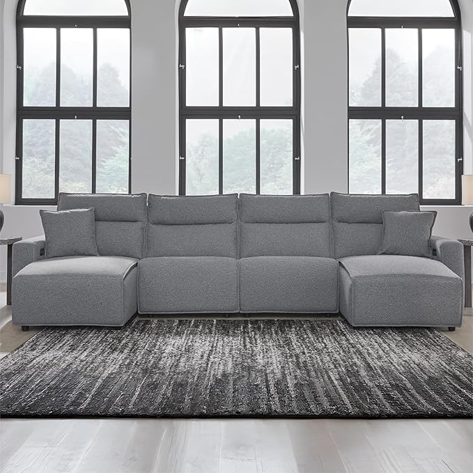 Signature Design by Ashley ModMax II Stain Resistant Modern Modular 4-Piece Power Reclining Sectional with Chaise, Adjustable Headrest, USB Ports and 2 Accent Pillows, Gray