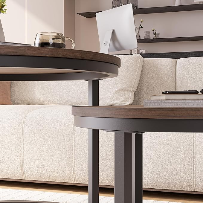 HOJINLINERO Round Coffee Table,Nesting Coffee Table Set of 2,Center Tables for Living Room,Office, Home Small Space,Stacking Side Tables,Sturdy and Easy Assembly,Wood Desktop,Walnut+Black,Large