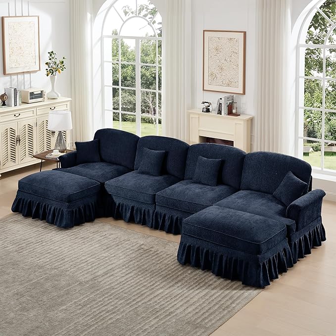 KEIKI Mid Century Modular Sofa with Flared Arms and Skirted Design, 137“ Oversized 4-Seater with 2 Ottomans Luxury Chenille U-Shaped Sectional Couches for Living Room, Chaise Lounge Indoor, Blue