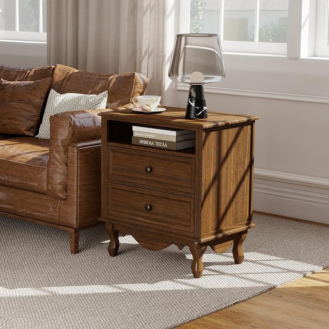 Solid Wood Nightstands Set of 2, Fully Assembled Night Stand with 2 Drawer & Open Shelf Storage, Bedside Table with Charging Station, Mid-Century Modern End Table for Bedroom, Walnut - Image 4