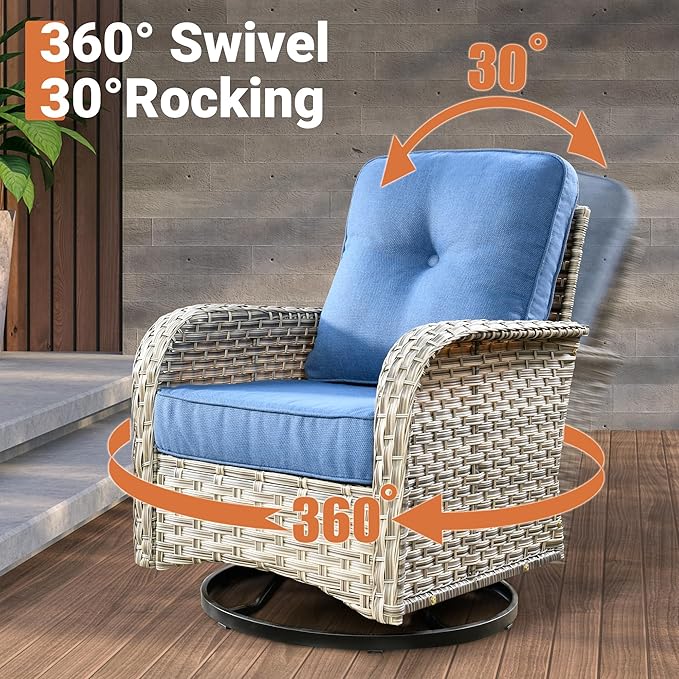 ovios 8 Piece Patio Sectional Furniture with Swivel Rocking Chairs, Rattan Wicker Coversation Set with Glowing Coffee Table, Outdoor Sofa Set for Outside Porch Balcony Backyard Pool, Blue