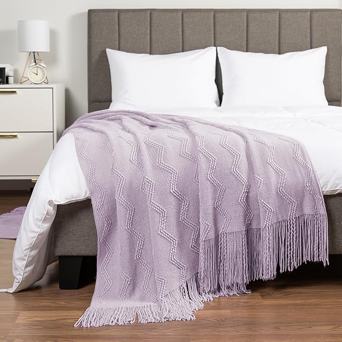 PAVILIA Lavender Purple Knit Throw Blanket for Couch, Twin Bed, Soft Knitted Farmhouse Sofa Throw for Living Room, Lightweight Decorative Summer Blanket for Chair, Outdoor Textured Boho Blanket, 60x80