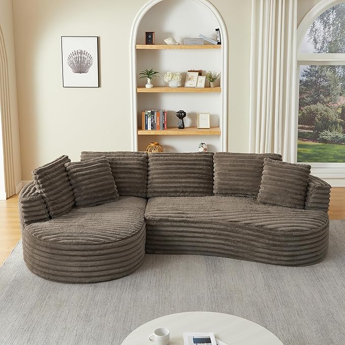 Plush Corduroy Cloud Sectional Sofa with Curved Chaise, Oversized 2 Pieces Modular Lounge Sofa with Deep Seat, Upholstered Sponge Compressed Couches for Living Room Bedroom,No Assembly Required