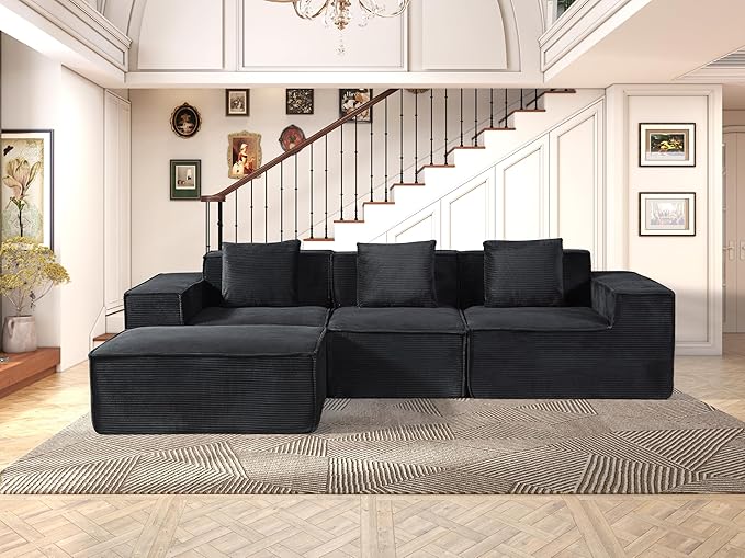 Rowan Convertible Corduroy Sectional Couch with Ottoman & Pillows, Modular L Shaped Sleeper Sofa, Boneless Cloud Couch for Living Room Furniture, Black