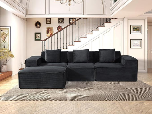Rowan Convertible Corduroy Sectional Couch with Ottoman & Pillows, Modular L Shaped Sleeper Sofa, Boneless Cloud Couch for Living Room Furniture, Black
