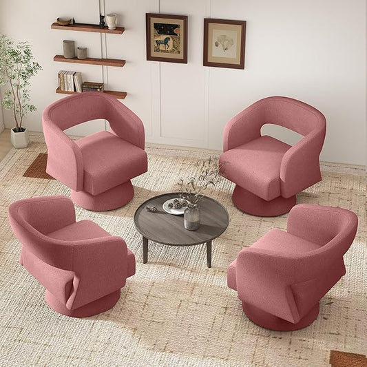 Nebuaegis Swivel Accent Chair Set of 4, Modern Comfy Teddy Barrel Chairs, Oversized Upholstered Round Arm Chair for Living Room, Bedroom, Reading Room, Dark Pink